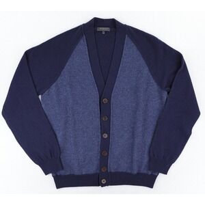 Saks Fifth Avenue Cardigan Sweater Mens Large Blue Lambswool V Neck Italy Knit